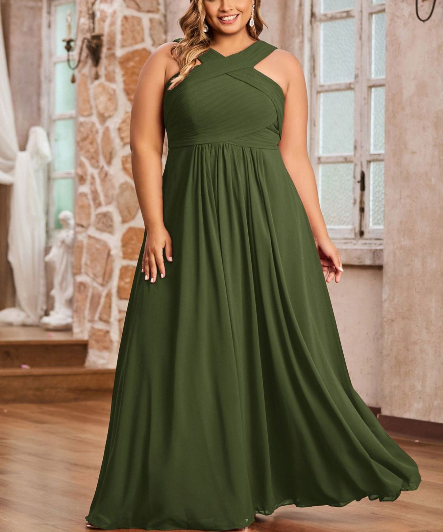 Cross Shoulder Strap Chiffon Dress with Empire Waist Olive Green Plus Size
