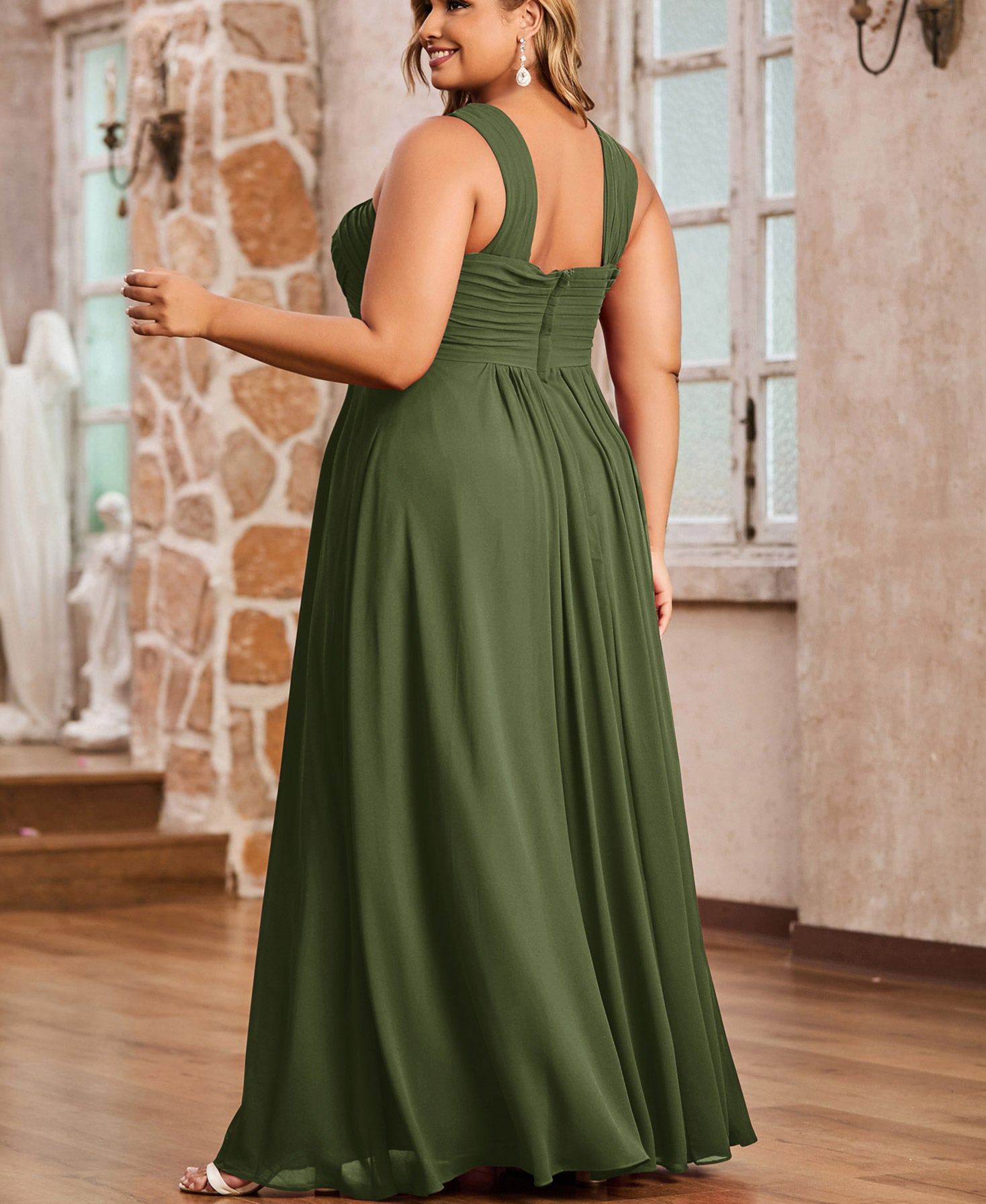 Cross Shoulder Strap Chiffon Dress with Empire Waist Olive Green Plus Size