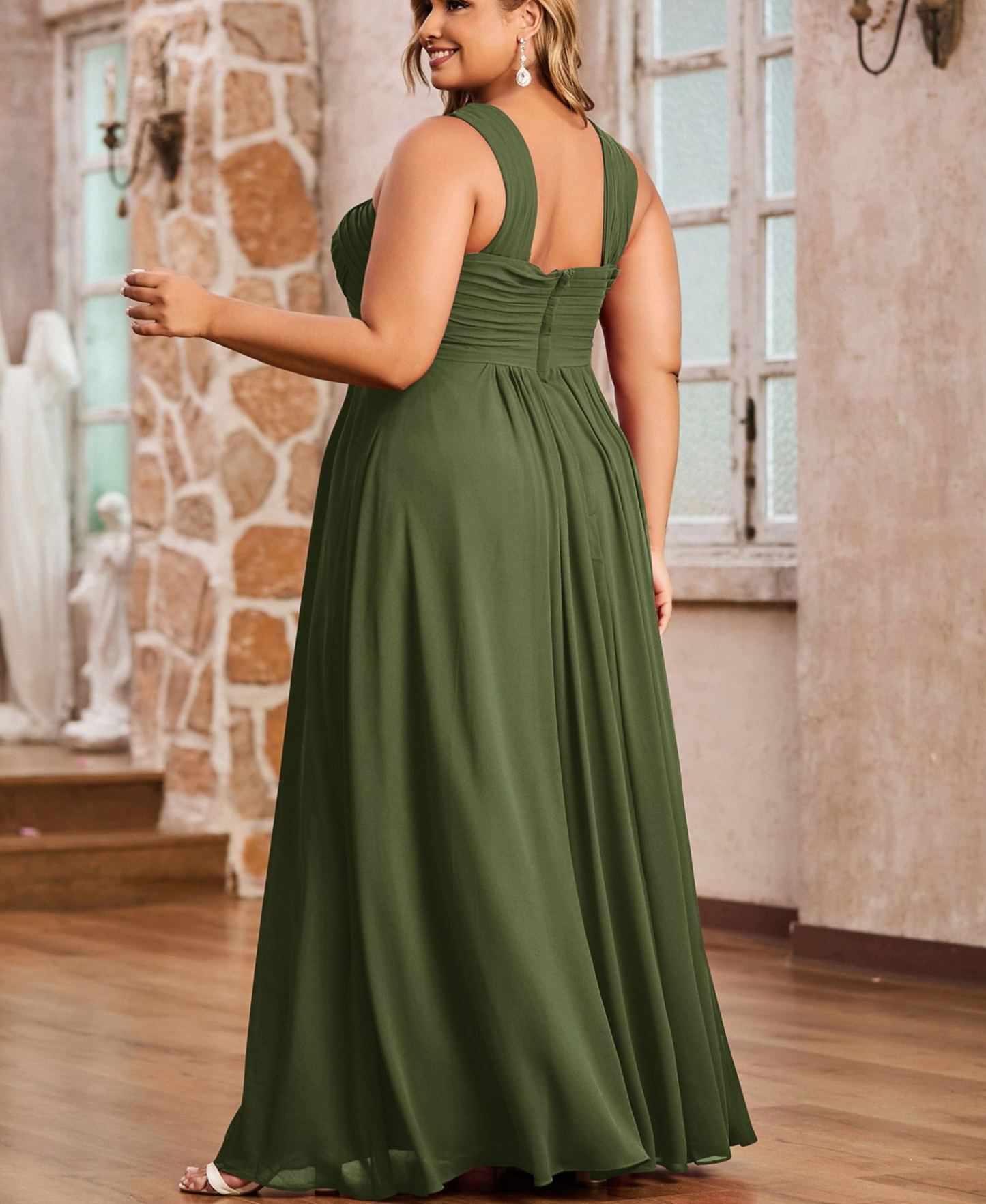 Cross Shoulder Strap Chiffon Dress with Empire Waist Olive Green Plus Size