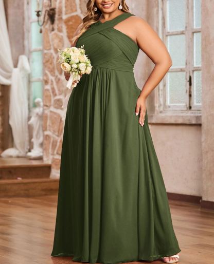 Cross Shoulder Strap Chiffon Dress with Empire Waist Olive Green Plus Size