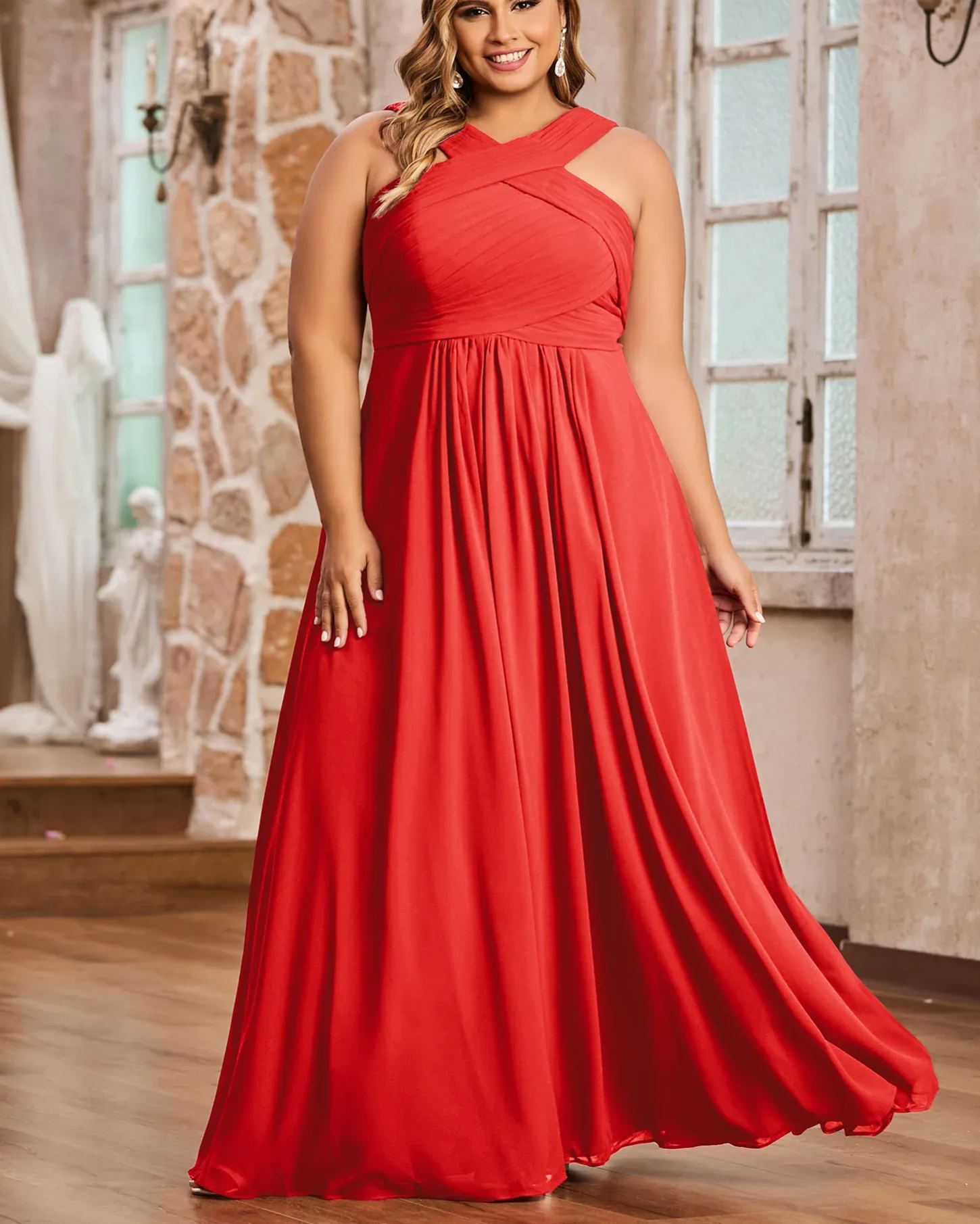 Vestido de gasa con tirantes cruzados y cintura imperio, color verde oliva, talla grande