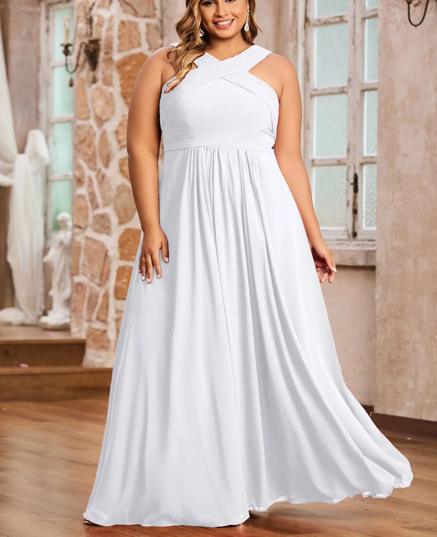 Vestido de gasa con tirantes cruzados y cintura imperio, color verde oliva, talla grande