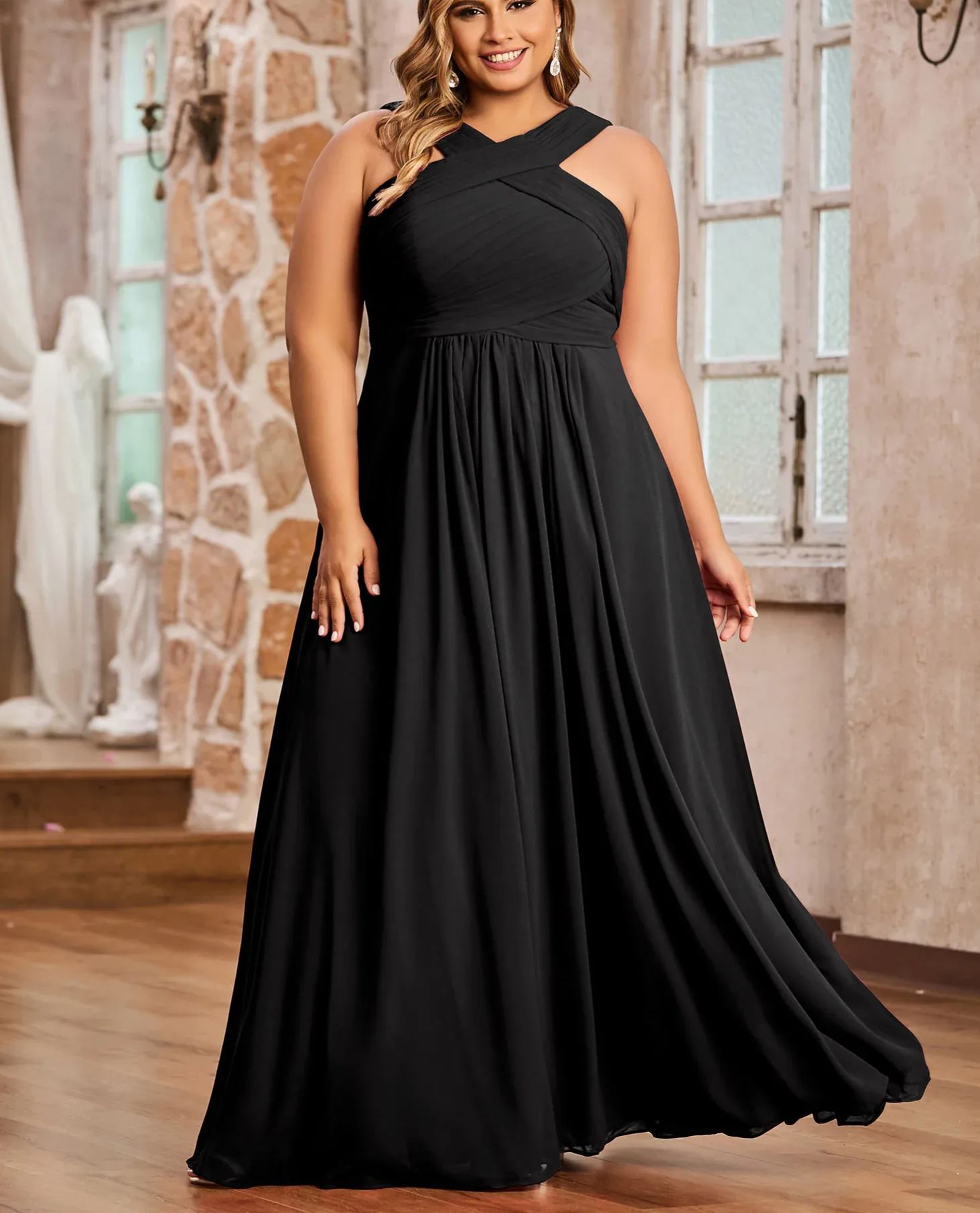 Vestido de gasa con tirantes cruzados y cintura imperio, color verde oliva, talla grande