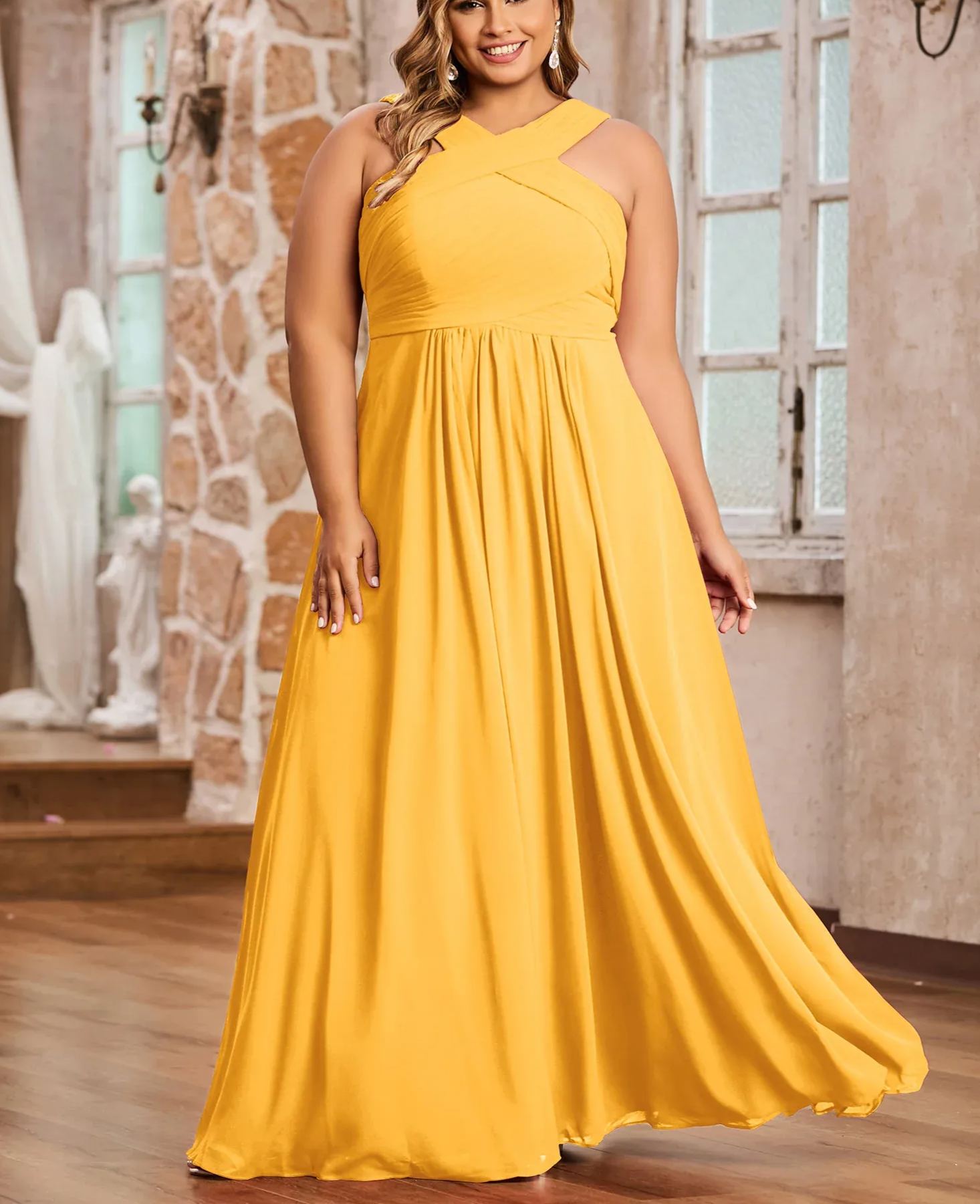 Vestido de gasa con tirantes cruzados y cintura imperio, color verde oliva, talla grande