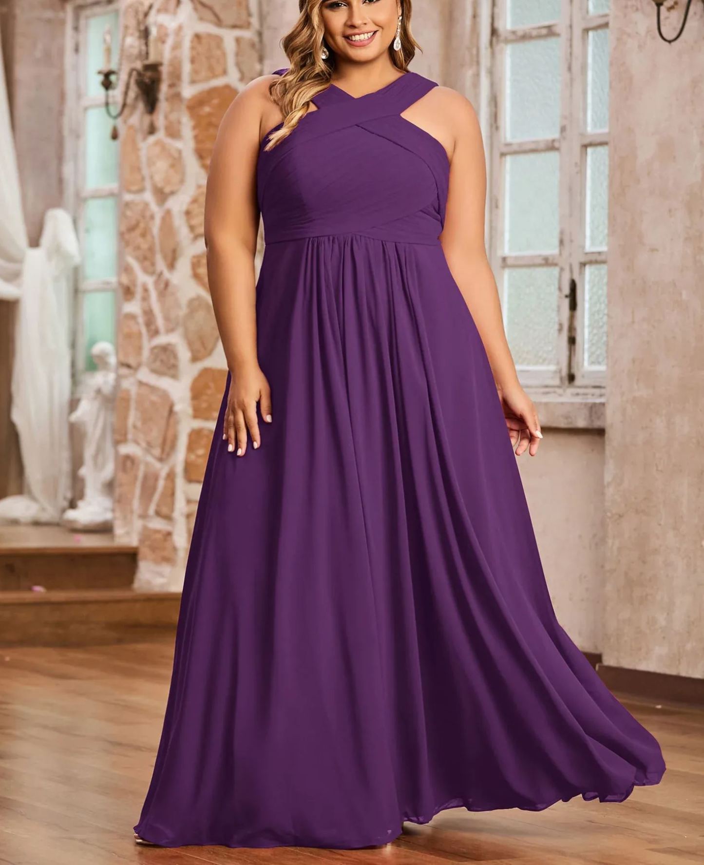 Vestido de gasa con tirantes cruzados y cintura imperio, color verde oliva, talla grande