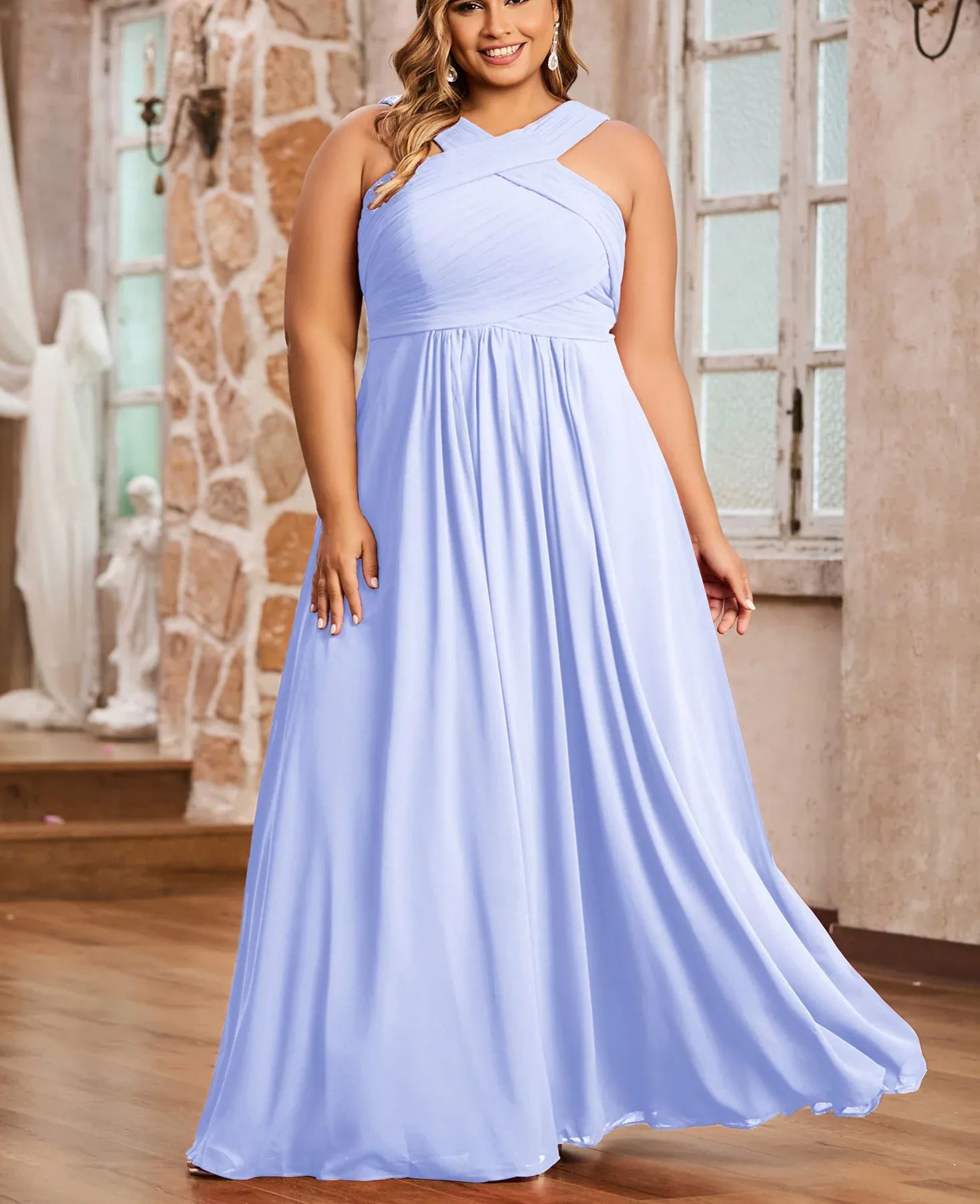 Vestido de gasa con tirantes cruzados y cintura imperio, color verde oliva, talla grande