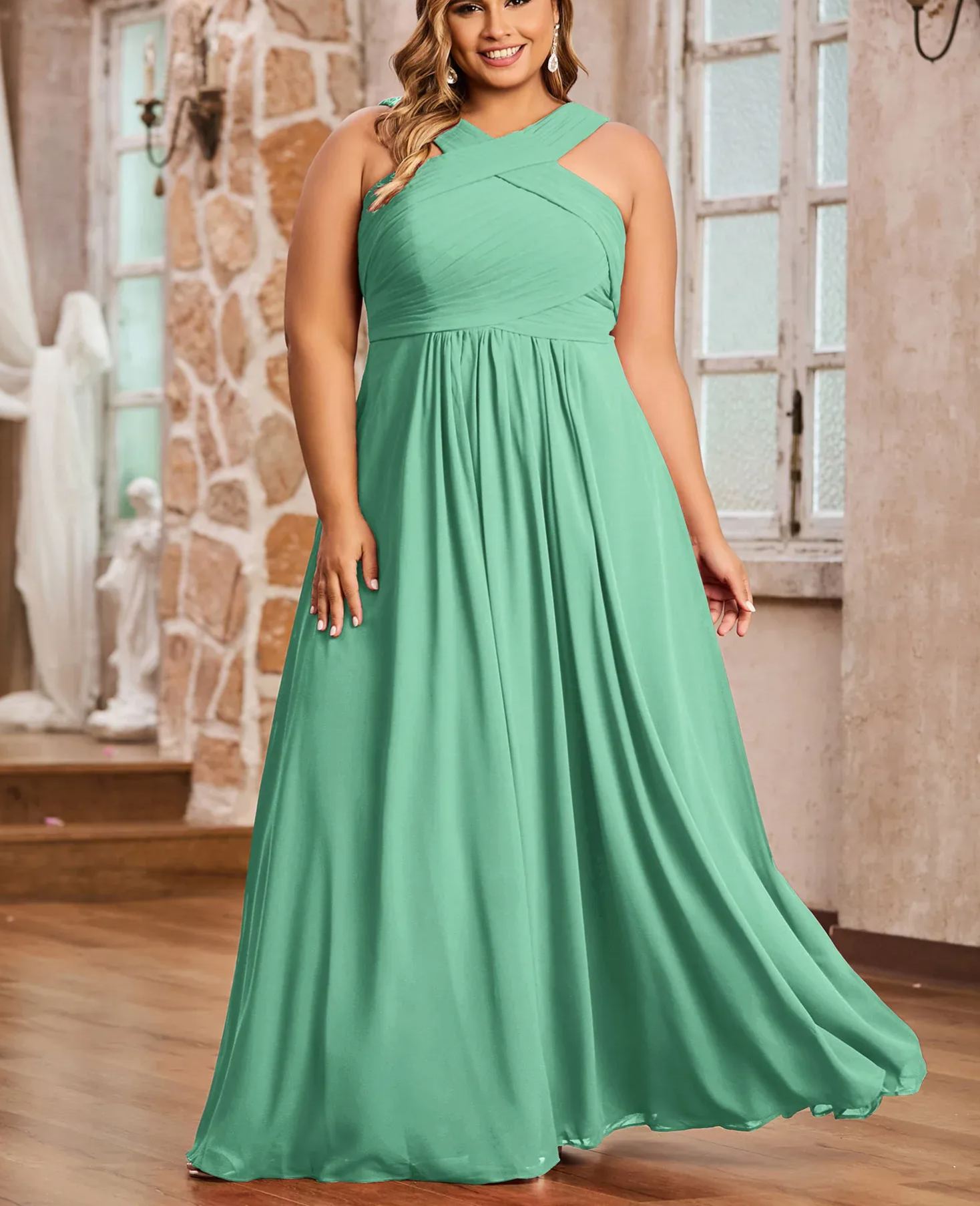 Vestido de gasa con tirantes cruzados y cintura imperio, color verde oliva, talla grande