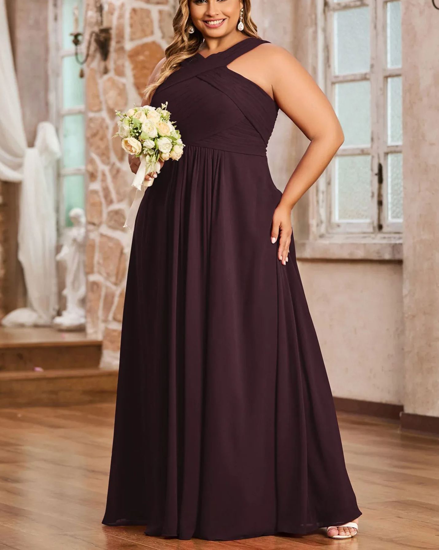 Vestido de gasa con tirantes cruzados y cintura imperio, color verde oliva, talla grande