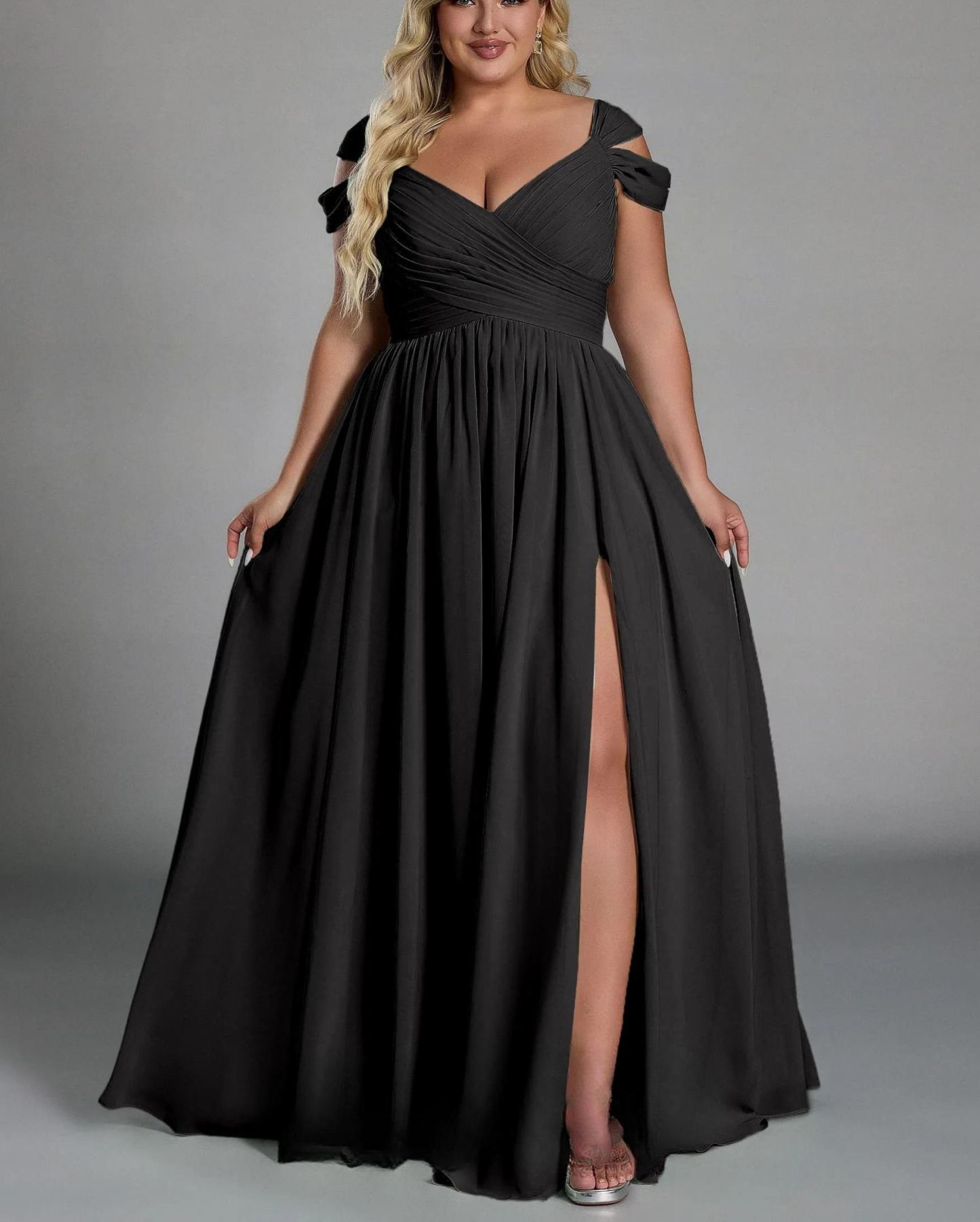 Vestido glamuroso de gasa con hombros descubiertos, plisado, largo hasta el suelo y cintura ceñida, de talla grande