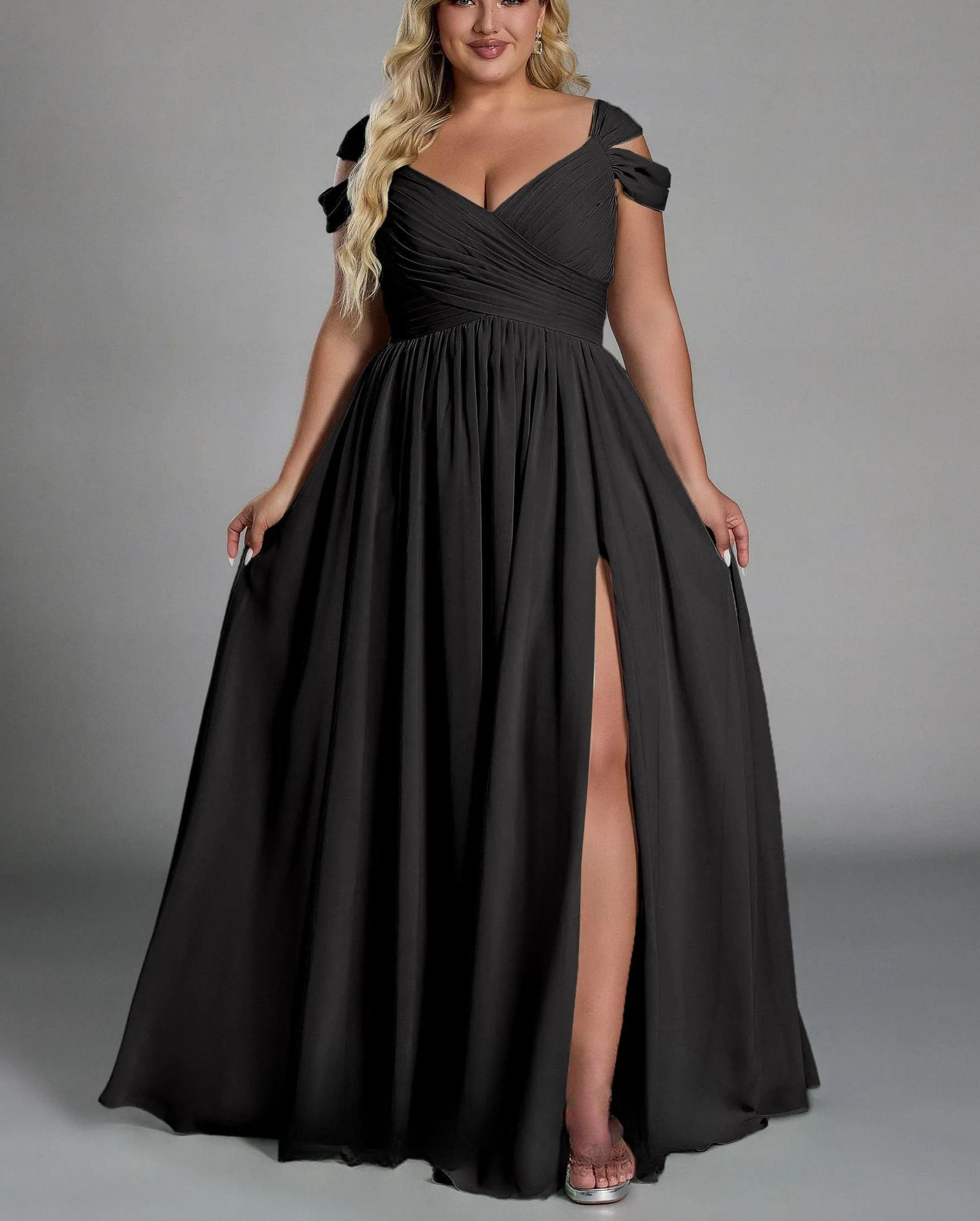 Vestido glamuroso de gasa con hombros descubiertos, plisado, largo hasta el suelo y cintura ceñida, de talla grande