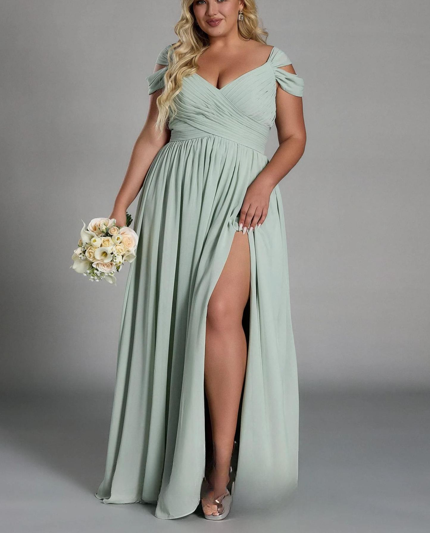 Vestido glamuroso de gasa con hombros descubiertos, plisado, largo hasta el suelo y cintura ceñida, de talla grande