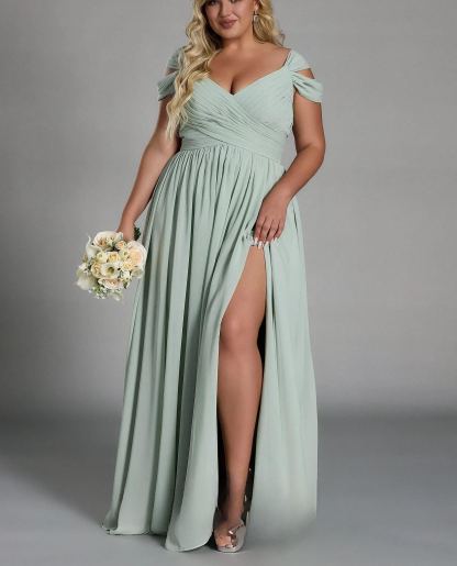 Vestido glamuroso de gasa con hombros descubiertos, plisado, largo hasta el suelo y cintura ceñida, de talla grande