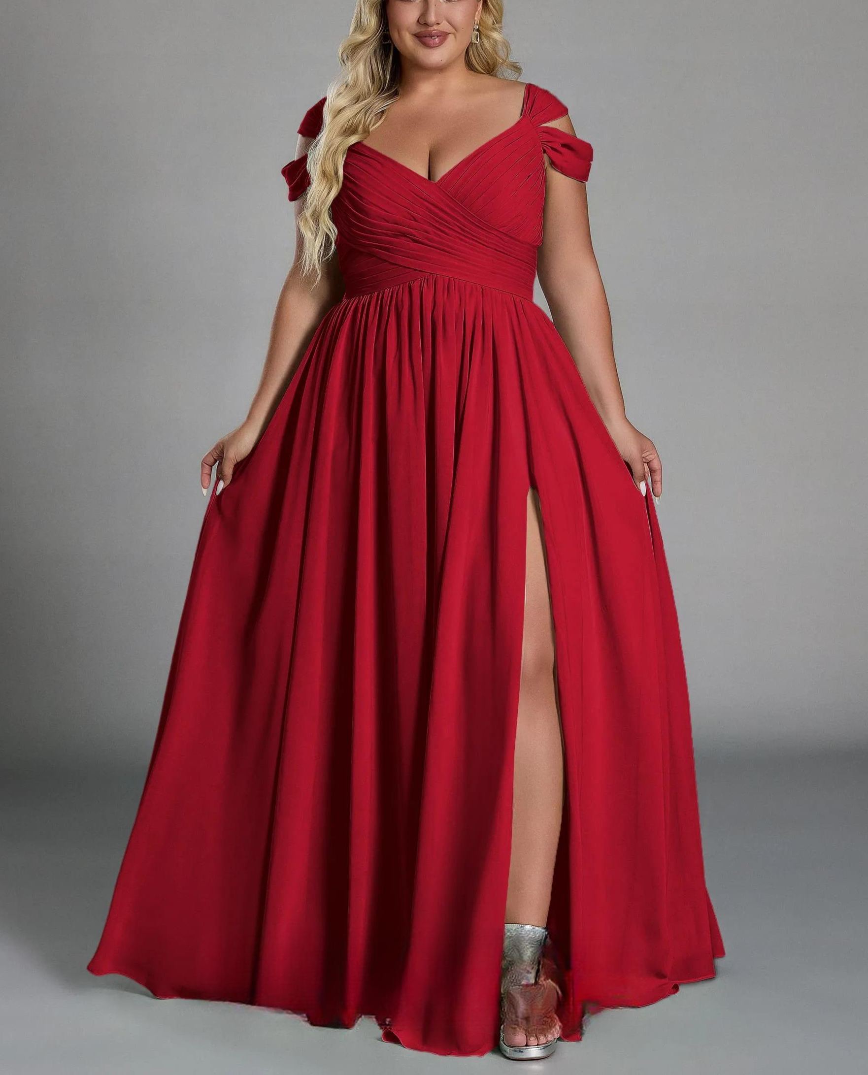 Vestido glamuroso de gasa con hombros descubiertos, plisado, largo hasta el suelo y cintura ceñida, de talla grande