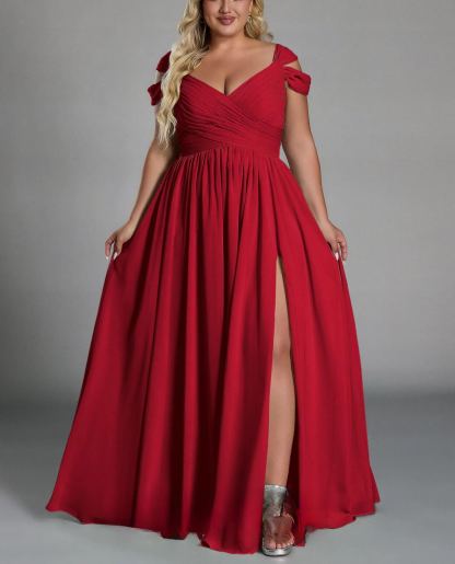 Vestido glamuroso de gasa con hombros descubiertos, plisado, largo hasta el suelo y cintura ceñida, de talla grande