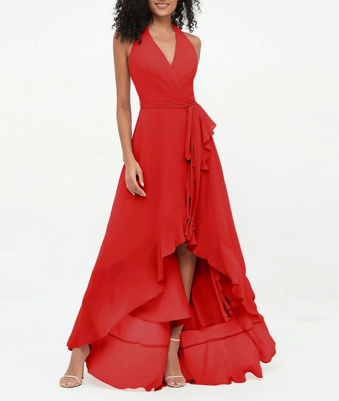 Vestidos asimétricos de gasa con cuello en V profundo y cuello halter