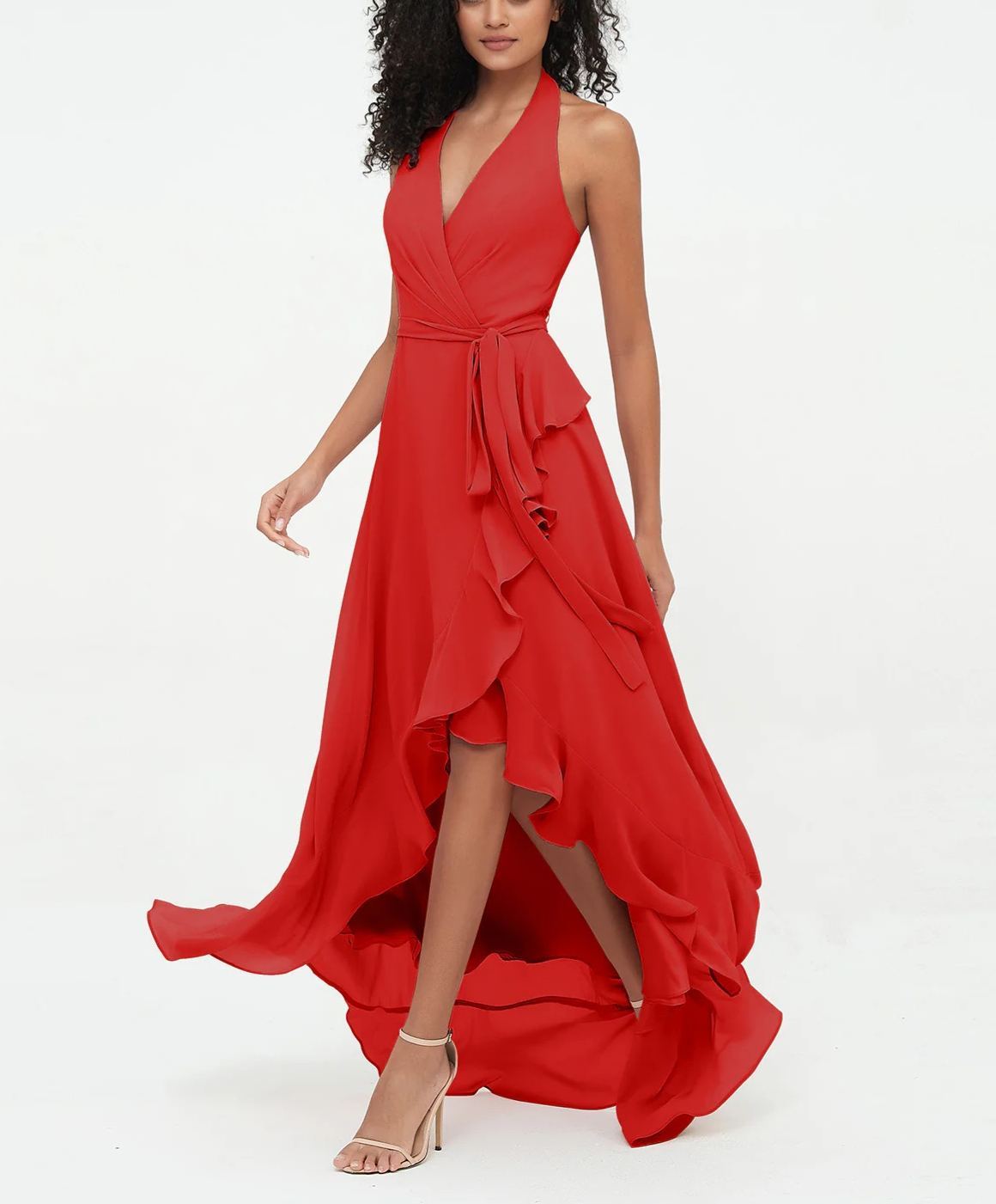 Vestidos asimétricos de gasa con cuello en V profundo y cuello halter