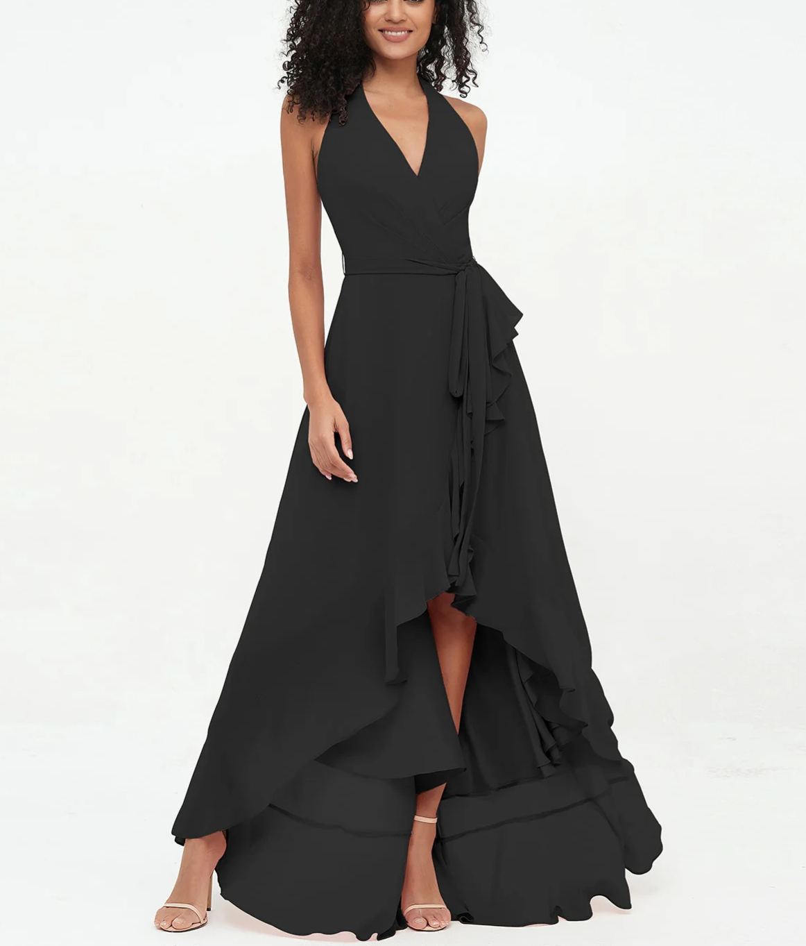 Vestidos asimétricos de gasa con cuello en V profundo y cuello halter