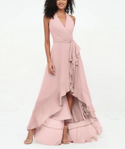 Vestidos asimétricos de gasa con cuello en V profundo y cuello halter