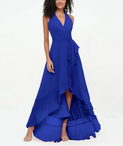 Vestidos asimétricos de gasa con cuello en V profundo y cuello halter