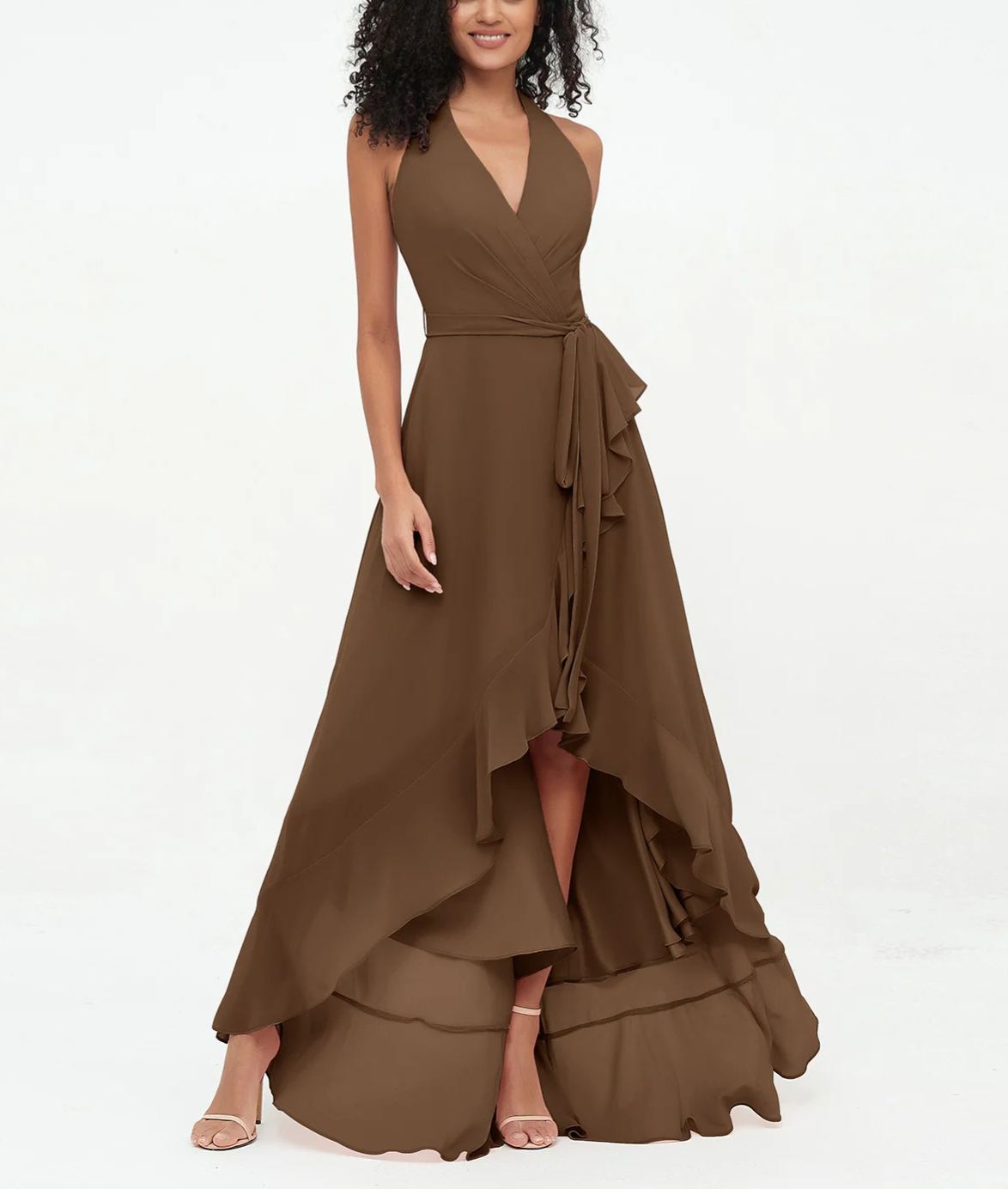 Vestidos asimétricos de gasa con cuello en V profundo y cuello halter