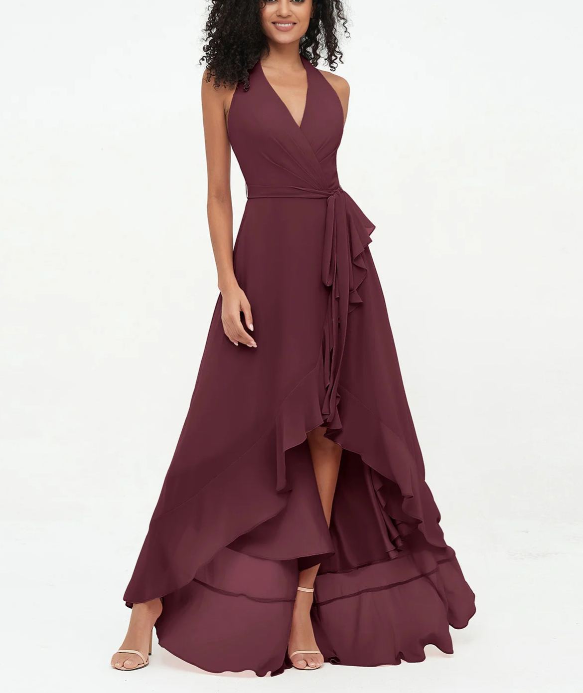 Vestidos asimétricos de gasa con cuello en V profundo y cuello halter