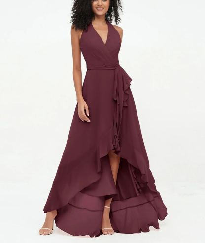 Vestidos asimétricos de gasa con cuello en V profundo y cuello halter