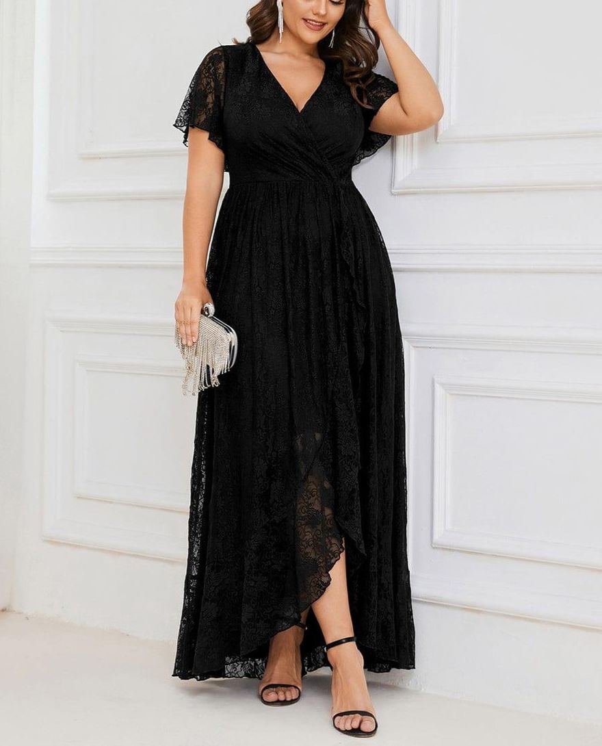 Precioso vestido de novia ELISE de talla grande, manga corta, cuello en V con volantes y corte en A, de encaje, ideal para invitadas de boda.