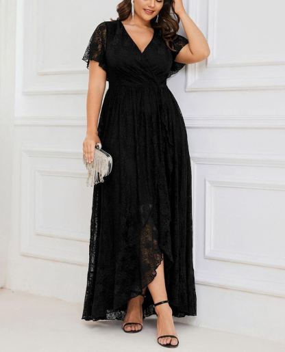 Precioso vestido de novia ELISE de talla grande, manga corta, cuello en V con volantes y corte en A, de encaje, ideal para invitadas de boda.