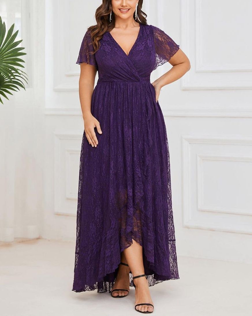 Precioso vestido de novia ELISE de talla grande, manga corta, cuello en V con volantes y corte en A, de encaje, ideal para invitadas de boda.