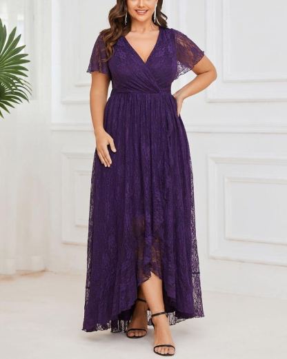 Precioso vestido de novia ELISE de talla grande, manga corta, cuello en V con volantes y corte en A, de encaje, ideal para invitadas de boda.