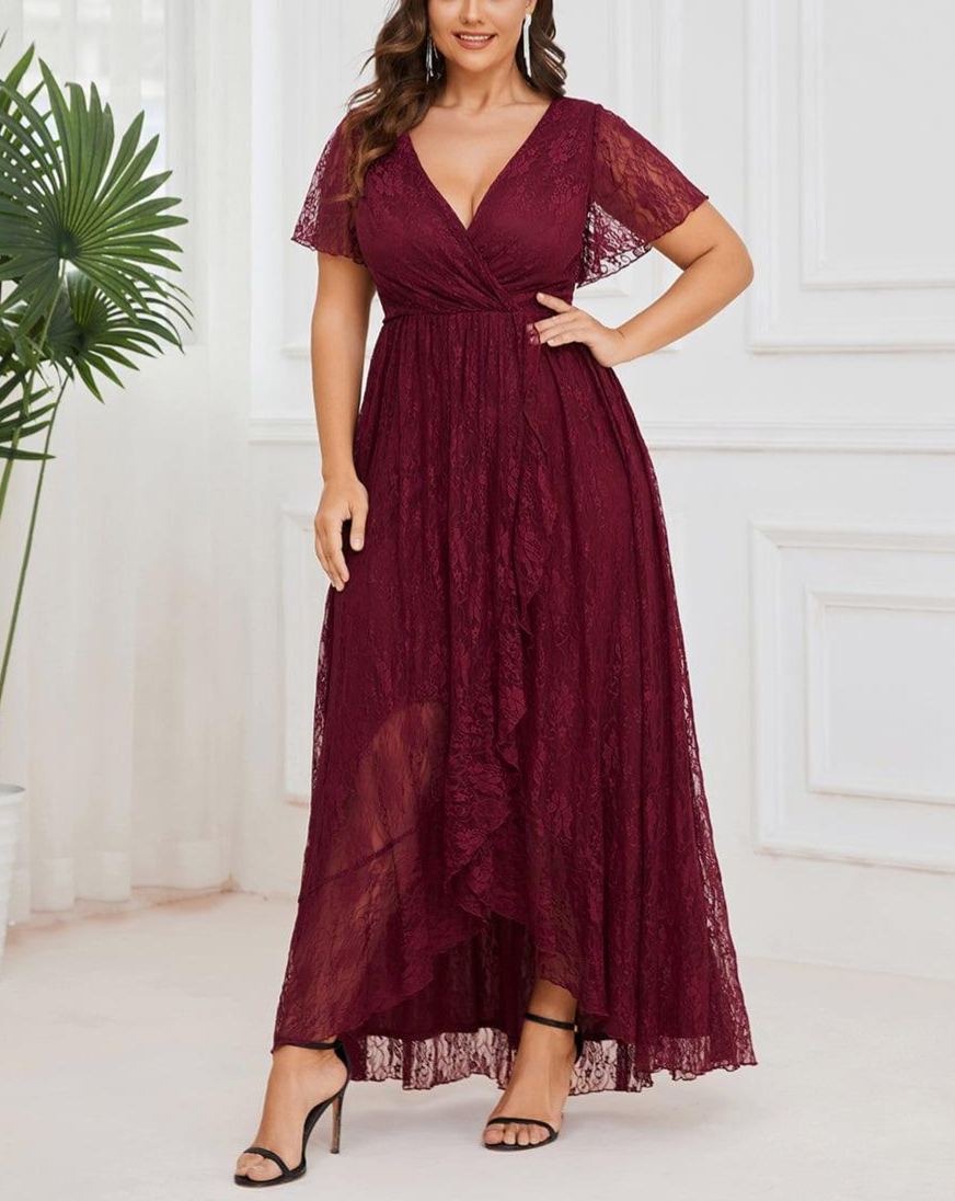 Precioso vestido de novia ELISE de talla grande, manga corta, cuello en V con volantes y corte en A, de encaje, ideal para invitadas de boda.