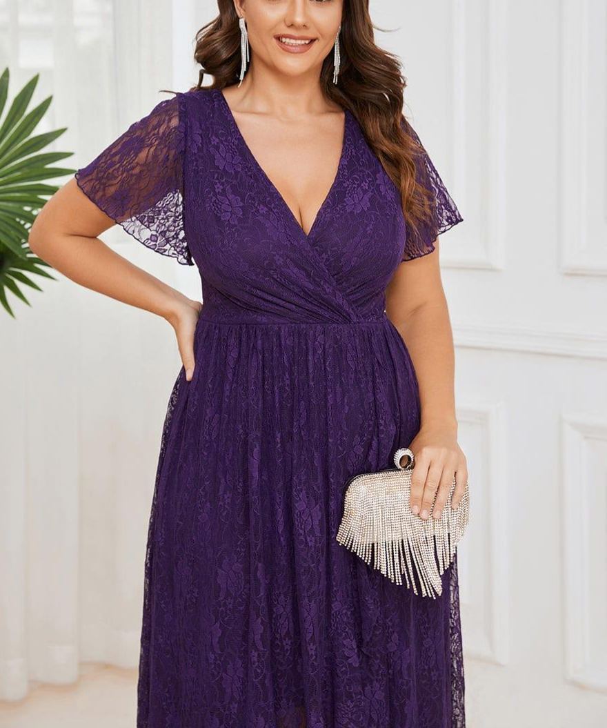 Precioso vestido de novia ELISE de talla grande, manga corta, cuello en V con volantes y corte en A, de encaje, ideal para invitadas de boda.