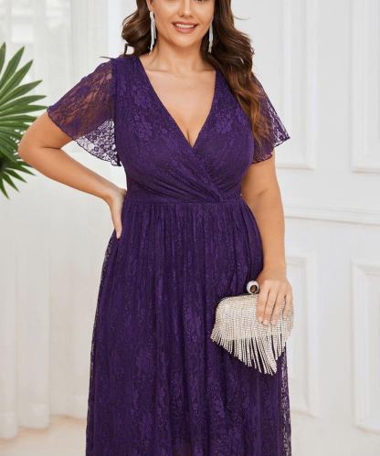 Precioso vestido de novia ELISE de talla grande, manga corta, cuello en V con volantes y corte en A, de encaje, ideal para invitadas de boda.