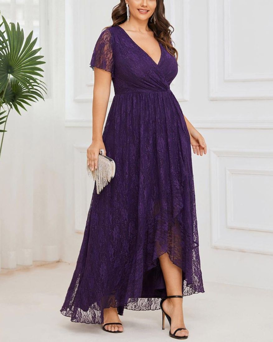 Precioso vestido de novia ELISE de talla grande, manga corta, cuello en V con volantes y corte en A, de encaje, ideal para invitadas de boda.