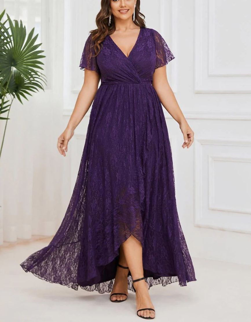 Precioso vestido de novia ELISE de talla grande, manga corta, cuello en V con volantes y corte en A, de encaje, ideal para invitadas de boda.