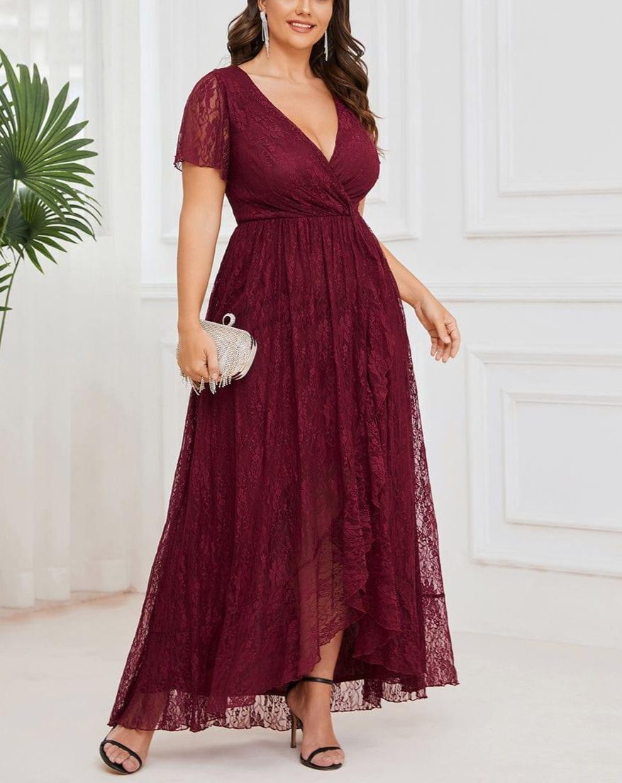 Precioso vestido de novia ELISE de talla grande, manga corta, cuello en V con volantes y corte en A, de encaje, ideal para invitadas de boda.