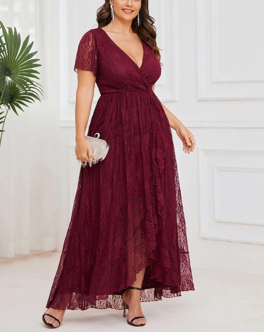 Precioso vestido de novia ELISE de talla grande, manga corta, cuello en V con volantes y corte en A, de encaje, ideal para invitadas de boda.