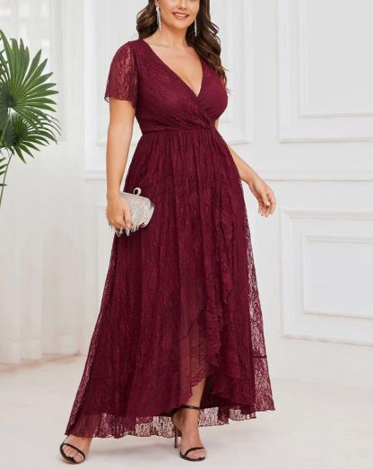 Precioso vestido de novia ELISE de talla grande, manga corta, cuello en V con volantes y corte en A, de encaje, ideal para invitadas de boda.