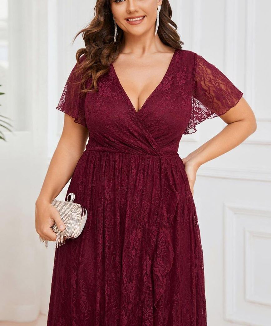 Precioso vestido de novia ELISE de talla grande, manga corta, cuello en V con volantes y corte en A, de encaje, ideal para invitadas de boda.