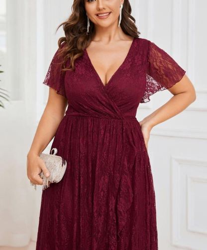 Precioso vestido de novia ELISE de talla grande, manga corta, cuello en V con volantes y corte en A, de encaje, ideal para invitadas de boda.