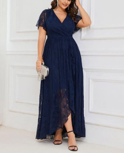 Precioso vestido de novia ELISE de talla grande, manga corta, cuello en V con volantes y corte en A, de encaje, ideal para invitadas de boda.