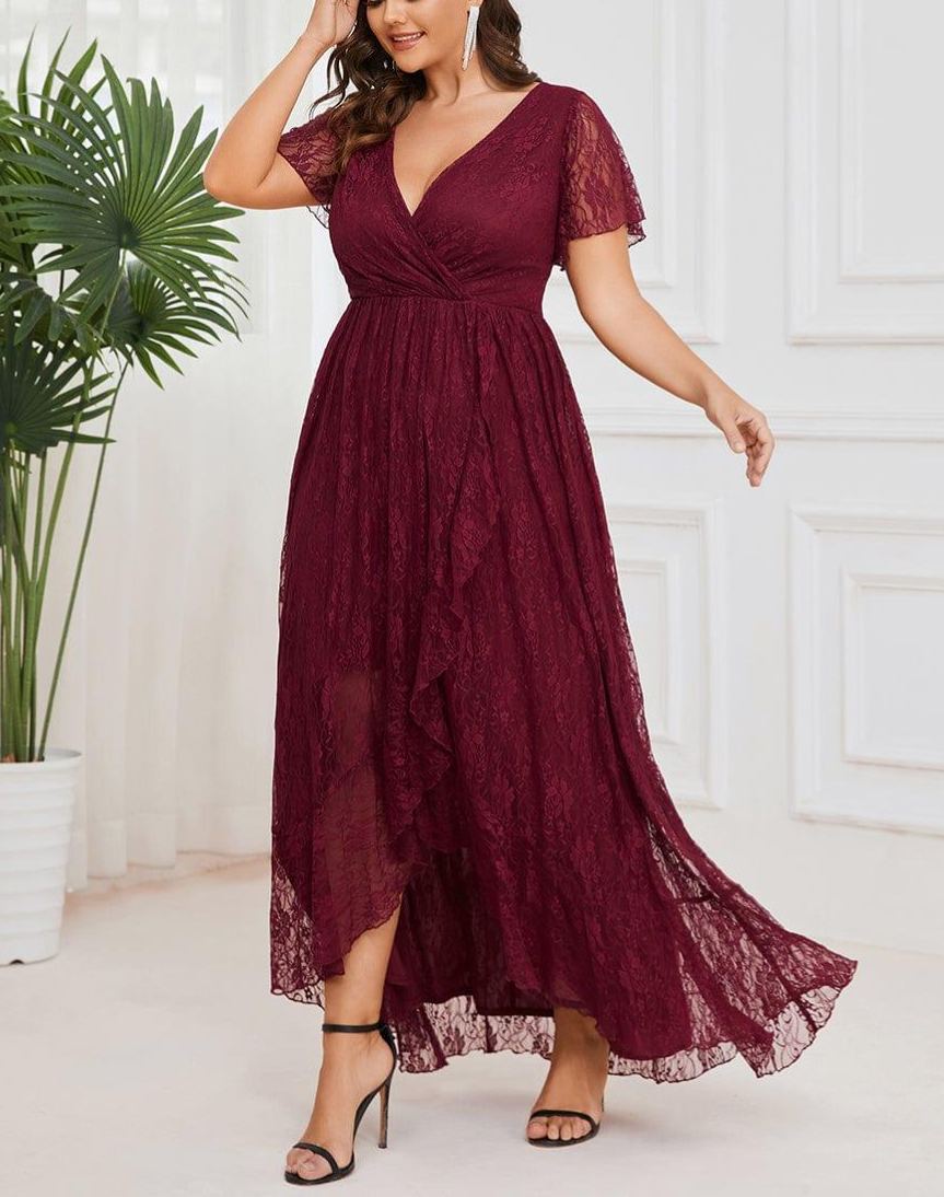 Precioso vestido de novia ELISE de talla grande, manga corta, cuello en V con volantes y corte en A, de encaje, ideal para invitadas de boda.