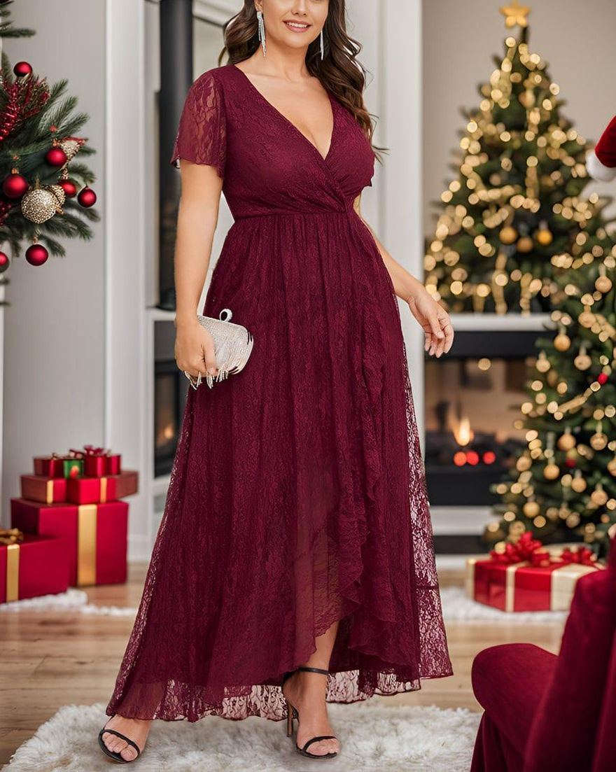 Precioso vestido de novia ELISE de talla grande, manga corta, cuello en V con volantes y corte en A, de encaje, ideal para invitadas de boda.