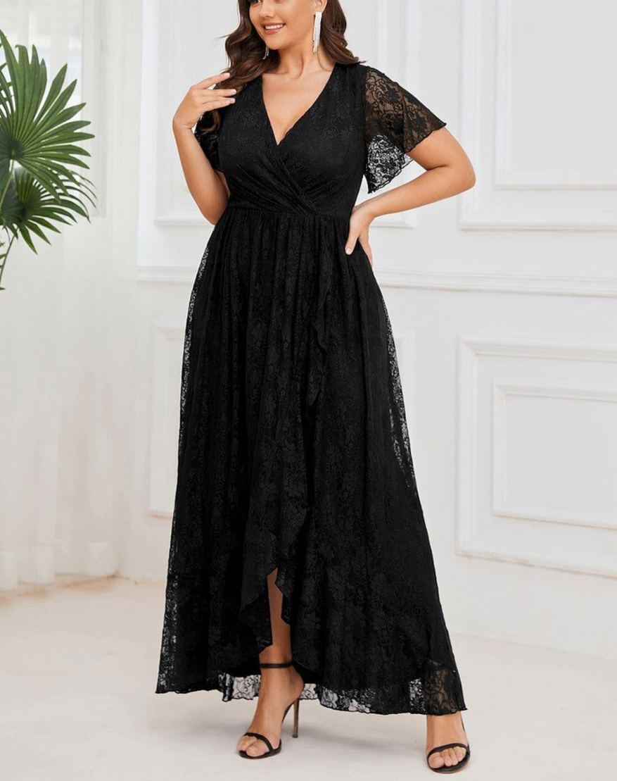 Precioso vestido de novia ELISE de talla grande, manga corta, cuello en V con volantes y corte en A, de encaje, ideal para invitadas de boda.