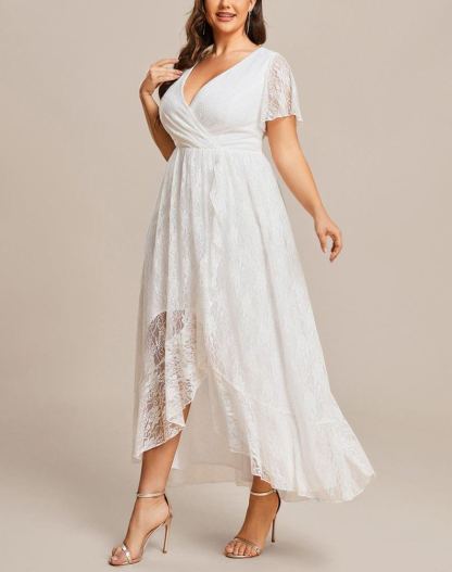 Precioso vestido de novia ELISE de talla grande, manga corta, cuello en V con volantes y corte en A, de encaje, ideal para invitadas de boda.