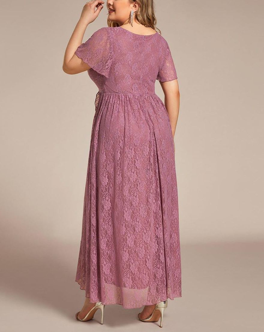 Precioso vestido de novia ELISE de talla grande, manga corta, cuello en V con volantes y corte en A, de encaje, ideal para invitadas de boda.