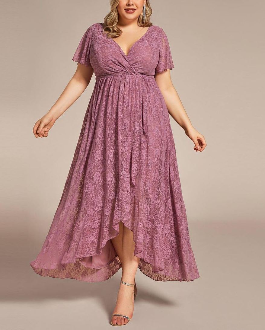 Precioso vestido de novia ELISE de talla grande, manga corta, cuello en V con volantes y corte en A, de encaje, ideal para invitadas de boda.