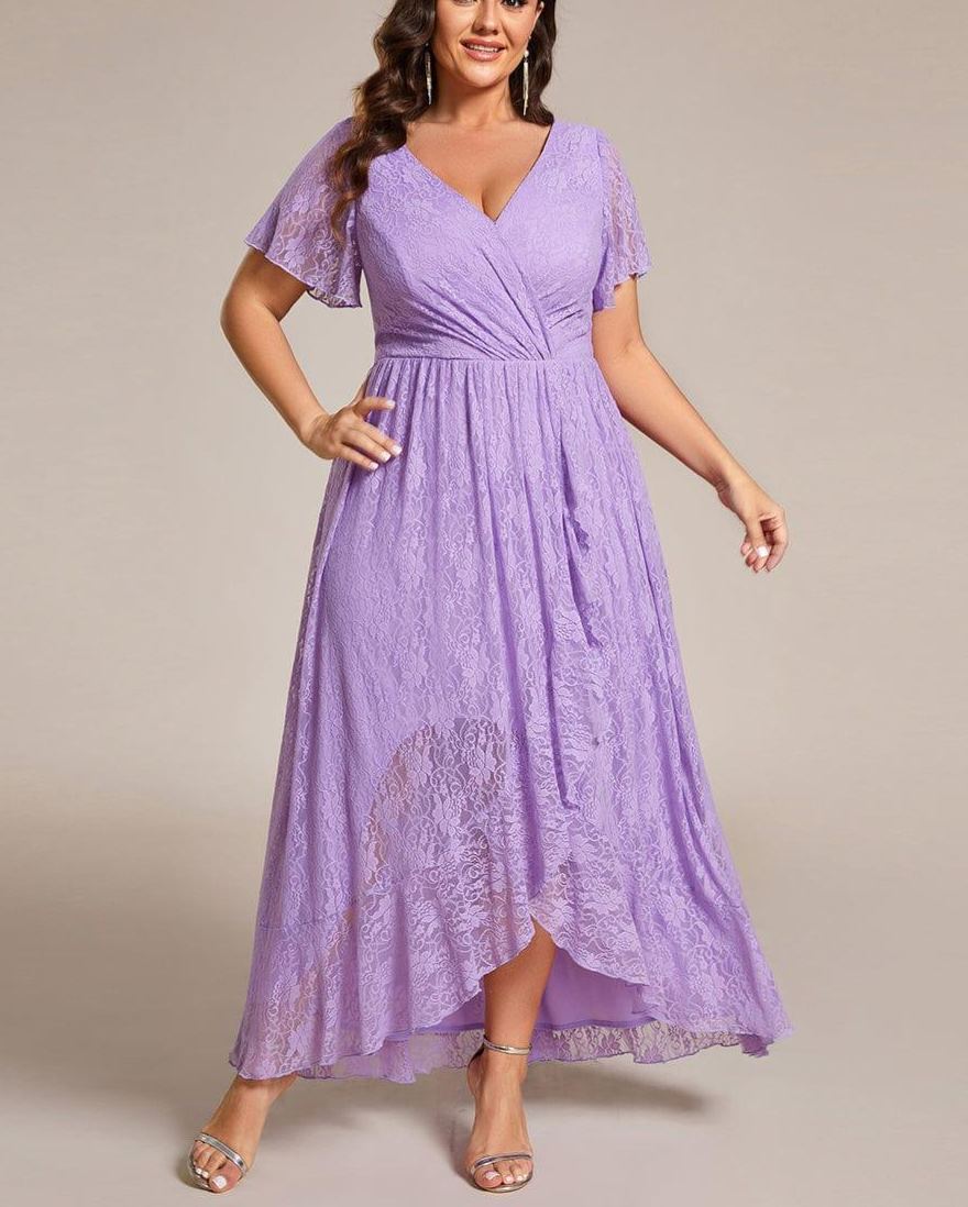 Precioso vestido de novia ELISE de talla grande, manga corta, cuello en V con volantes y corte en A, de encaje, ideal para invitadas de boda.