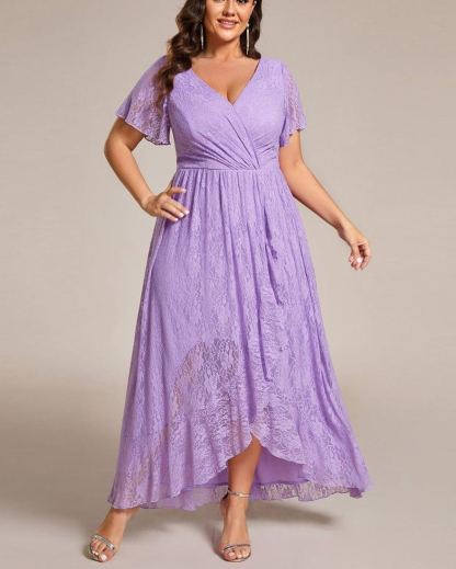 Precioso vestido de novia ELISE de talla grande, manga corta, cuello en V con volantes y corte en A, de encaje, ideal para invitadas de boda.