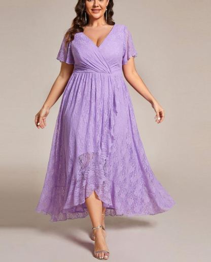 Precioso vestido de novia ELISE de talla grande, manga corta, cuello en V con volantes y corte en A, de encaje, ideal para invitadas de boda.